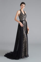 Party Dresses Shop, Black Lace Halter Prom Dresses with Tulle Overskirt