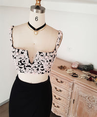 Silk Dress, Black Lace Two Pieces Long Prom Dress, Black Evening Dress with Lace Beading