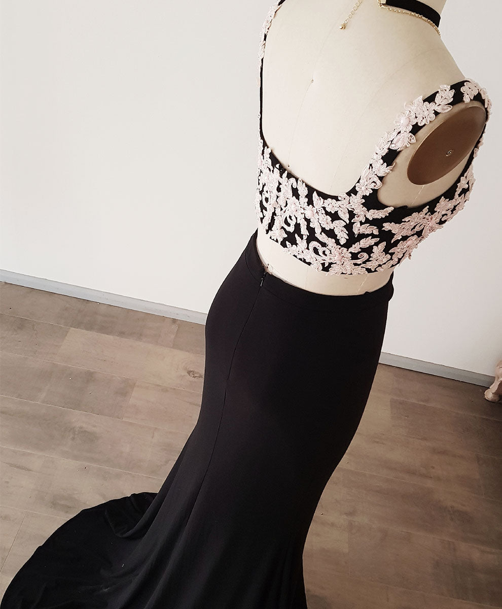 Classy Dress, Black Lace Two Pieces Long Prom Dress, Black Evening Dress with Lace Beading