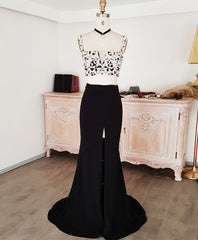 Fairytale Dress, Black Lace Two Pieces Long Prom Dress, Black Evening Dress with Lace Beading