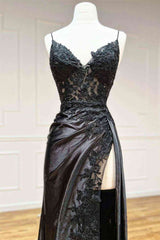 Formal Dress Vintage, Black Long Appliques Prom Dress with Spaghetti Straps,Vintage Formal Dresses