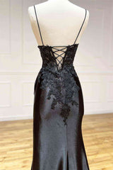Formal Dress For Teen, Black Long Appliques Prom Dress with Spaghetti Straps,Vintage Formal Dresses