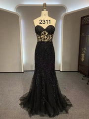 Formal Dress For Wedding Guest, Black Mermaid Lace Prom Dresses, Black Mermaid Lace Formal Evening Dresses