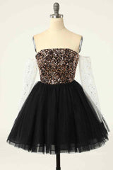 Homecoming Dress Shorts, Black Off-the-Shoulder A-line Long Sleeves Sequins Mini Homecoming Dress