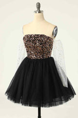 Homecomeing Dresses Short, Black Off-the-Shoulder A-line Long Sleeves Sequins Mini Homecoming Dress