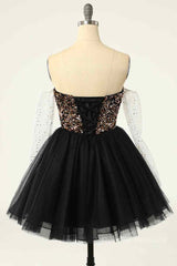 Homecoming Dressed Short, Black Off-the-Shoulder A-line Long Sleeves Sequins Mini Homecoming Dress
