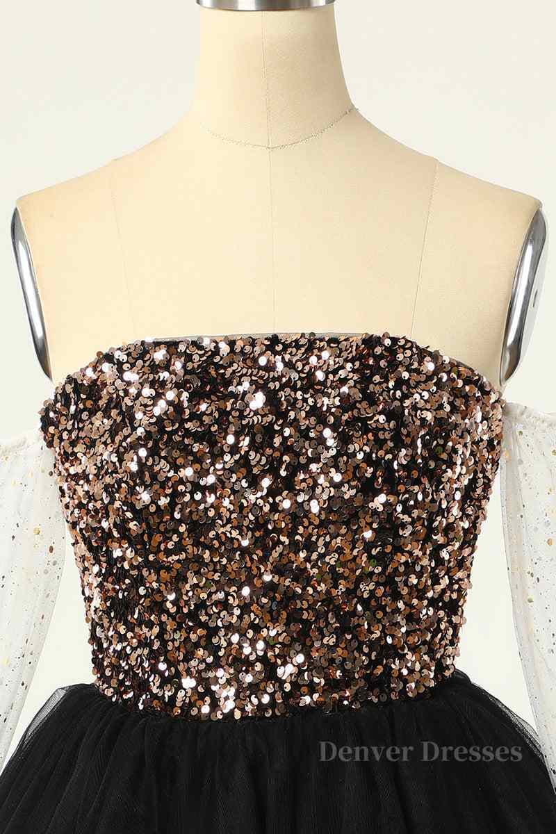 Homecoming Dress Shopping Near Me, Black Off-the-Shoulder A-line Long Sleeves Sequins Mini Homecoming Dress