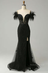 Evening Dress With Sleeve, Black Plunging Off-the-Shoulder Feathers Mermaid Long Prom Dress with Slit