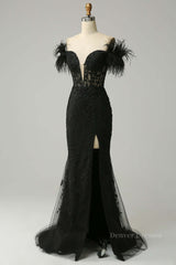 Evening Dress With Sleeves, Black Plunging Off-the-Shoulder Feathers Mermaid Long Prom Dress with Slit