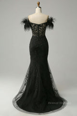 Evening Dresses Floral, Black Plunging Off-the-Shoulder Feathers Mermaid Long Prom Dress with Slit