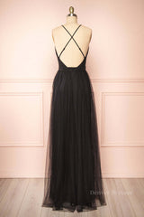 Formal Dresses With Sleeves For Weddings, Black Plunging V Neck Crossed Back A-line Tulle Long Prom Dress