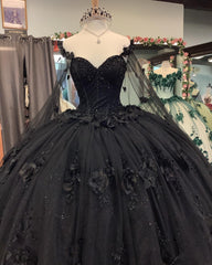 Party Dress Ideas For Winter, Black Quinceanera Dresses with Flowers,Long Sweet 16 Dresses