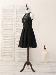 Homecomming Dress Vintage, Black Round Neck Lace Beads Short Prom Dress, Black Homecoming Dress