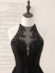 Homecoming Dresses Sweetheart, Black Round Neck Lace Beads Short Prom Dress, Black Homecoming Dress