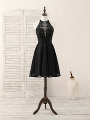 Homecomming Dresses Vintage, Black Round Neck Lace Beads Short Prom Dress, Black Homecoming Dress