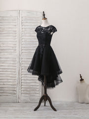 Party Dress Near Me, Black Round Neck Tulle Lace Applique Short Prom Dress, Black Homecoming Dress