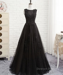Bridesmaid Dress Mismatched, Black round neck tulle lace long prom dress, black evening dress