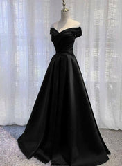 Formal Dress For Beach Wedding, Black Satin Off Shoulder Long Simple Evening Dress Formal Dresses,Stunning Party Gown