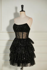 Party Dress Bling, Black Sequined Strapless Multi-Layers Tulle Cocktail Dress