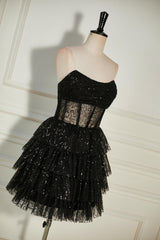 Party Dress Over 44, Black Sequined Strapless Multi-Layers Tulle Cocktail Dress