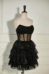 Party Dress Emerald Green, Black Sequined Strapless Multi-Layers Tulle Cocktail Dress