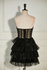 Party Dress Red Colour, Black Sequined Strapless Multi-Layers Tulle Cocktail Dress