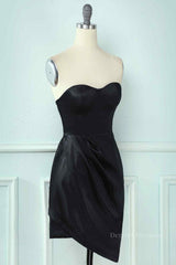 Homecomming Dresses Red, Black Sheath Strapless Sweetheart Pleated Leather Mini Homecoming Dress