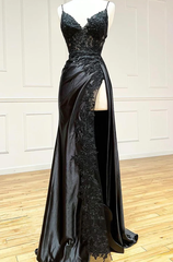 Party Dress Long Dress, Black Spaghetti Straps Lace Appliques Prom Dress with Slit