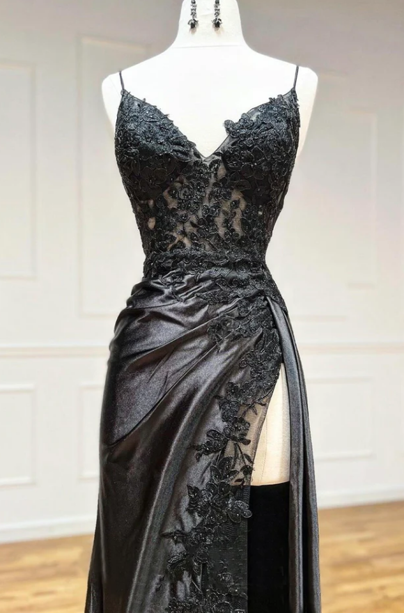 Party Dresses Express, Black Spaghetti Straps Lace Appliques Prom Dress with Slit