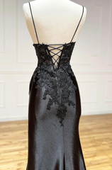 Party Dress Express, Black Spaghetti Straps Lace Appliques Prom Dress with Slit