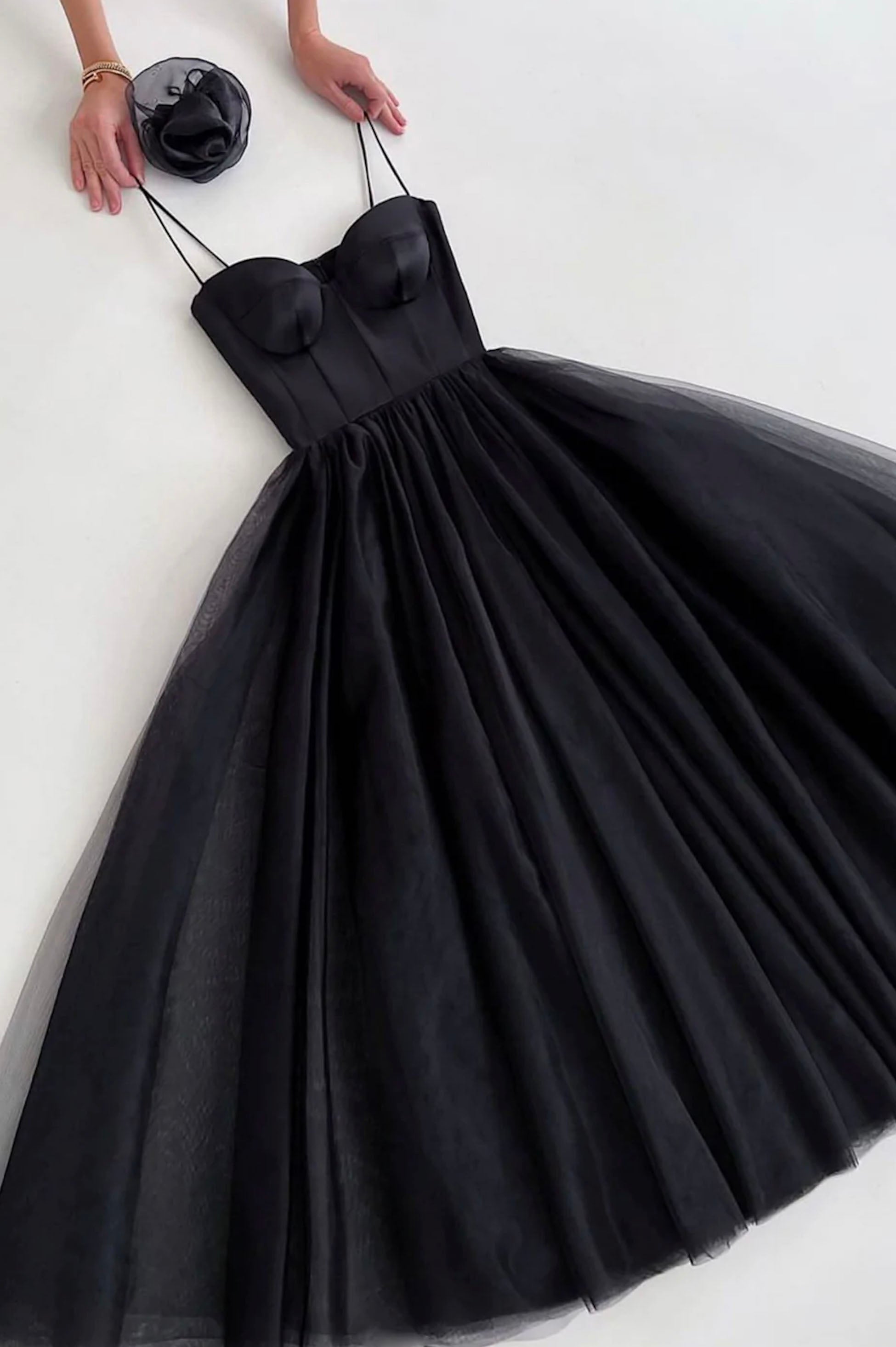 Prom Dresses Ball Gowns, Black Spaghetti Tulle Short Prom Dress, Black Homecoming Party Dress