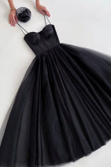 Prom Dresses Ball Gowns, Black Spaghetti Tulle Short Prom Dress, Black Homecoming Party Dress