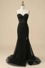 Formall Dresses Short, Black Strapless Lace-Up Appliques Long Prom Dress with Slit
