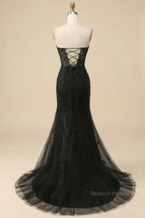 Formal Dress Fall, Black Strapless Lace-Up Appliques Long Prom Dress with Slit
