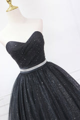 Party Dresses Near Me, Black Strapless Shiny Tulle Tea Length Prom Dress, Black A-Line Homecoming Dress