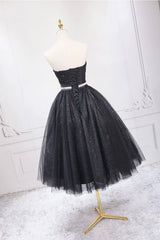 Party Dresses Sales, Black Strapless Shiny Tulle Tea Length Prom Dress, Black A-Line Homecoming Dress