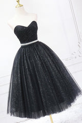 Party Dress Sale, Black Strapless Shiny Tulle Tea Length Prom Dress, Black A-Line Homecoming Dress