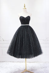 Party Dress Near Me, Black Strapless Shiny Tulle Tea Length Prom Dress, Black A-Line Homecoming Dress