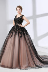 Prom Dresses Glitter, Black Sweetheart Applique Lace See Through Prom Dresses