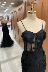 Party Dress Man, Black Sweetheart Straps Mermaid Appliques Tulle Long Prom Dress