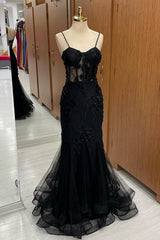 Night Out Outfit, Black Sweetheart Straps Mermaid Appliques Tulle Long Prom Dress