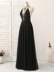 Homecoming Dress Floral, Black Tulle Backless Long Prom Dress, Black Evening Dress