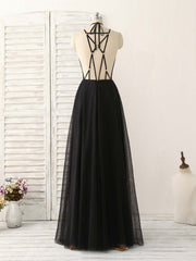 Homecomming Dresses Floral, Black Tulle Backless Long Prom Dress, Black Evening Dress