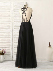Homecoming Dresses Floral, Black Tulle Backless Long Prom Dress, Black Evening Dress