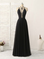 Homecomming Dresses With Sleeves, Black Tulle Backless Long Prom Dress, Black Evening Dress