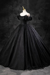 Bridesmaids Dresses Long Sleeve, Black Tulle Floor Length A-Line Prom Dress, Off the Shoulder Evening Party Dress