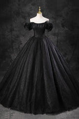 Bridesmaid Dresses Long Sleeves, Black Tulle Floor Length A-Line Prom Dress, Off the Shoulder Evening Party Dress