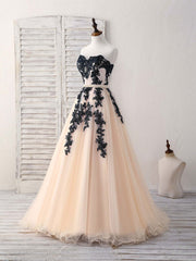 Party Dress For Ladies, Black Tulle Lace Applique Long Prom Dress, Black Evening Dress