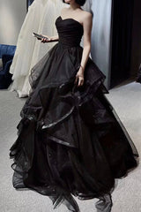 Formal Dress Homecoming, Black Tulle Long A-Line Prom Dress,Ball Dresses with Ruffles