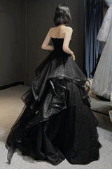 Formal Dress With Sleeve, Black Tulle Long A-Line Prom Dress,Ball Dresses with Ruffles